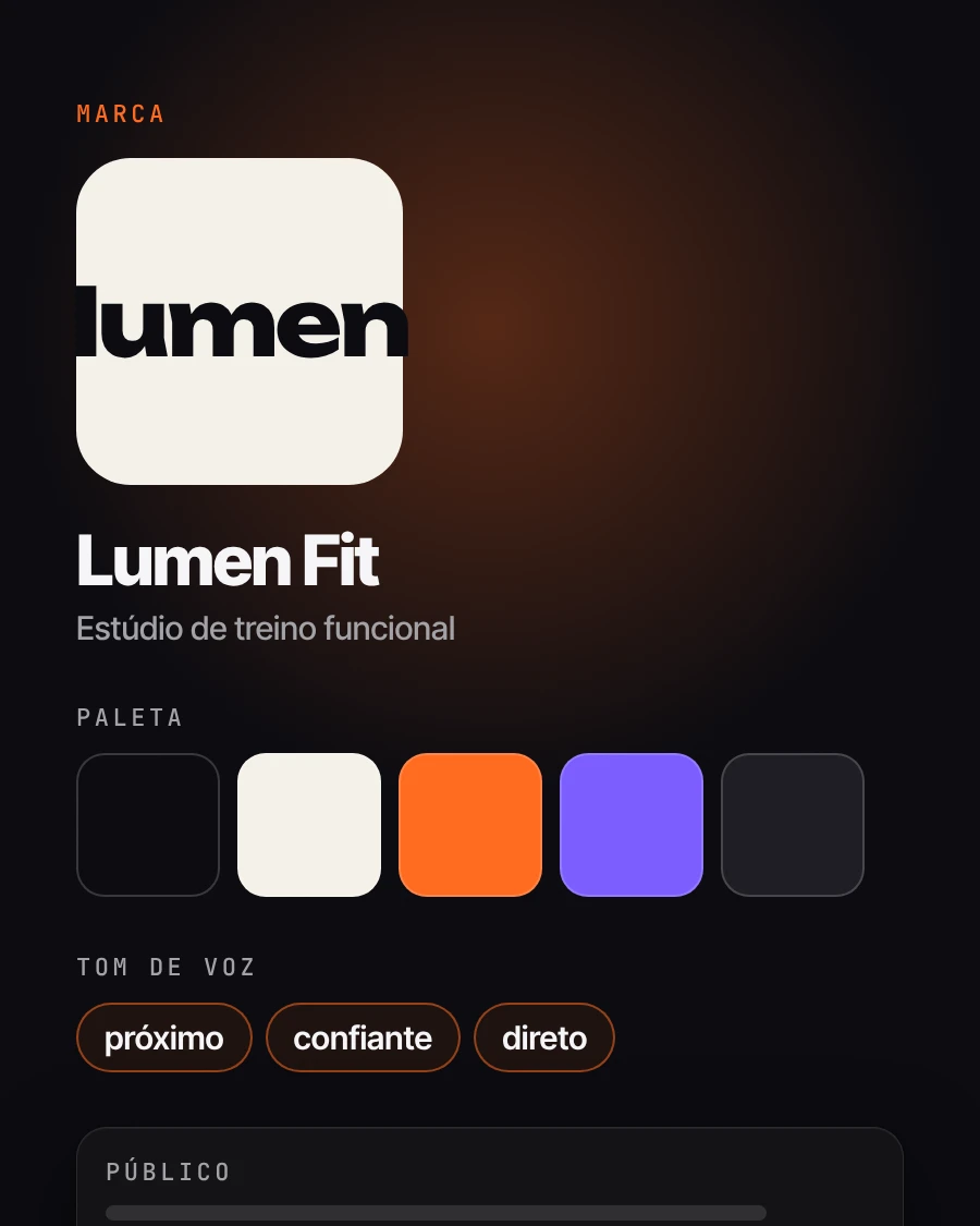 Cartão da marca fictícia Lumen Fit, com paleta, logotipo e tom de voz